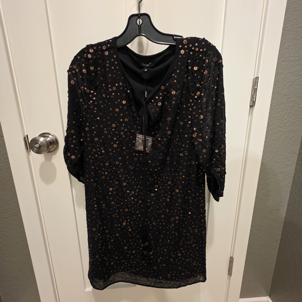 NWT Tolani Julia Shift Black Dress Copper Sequins V Neck Lined Tassels XS